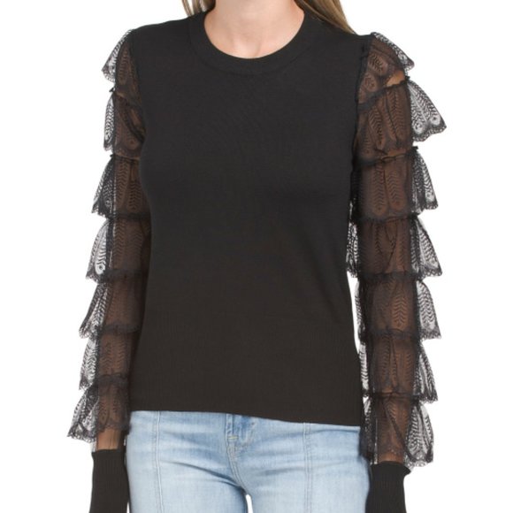 NWT COCOBLEU Black Cardigan With Lace Arms  black 165tn - Picture 1 of 7